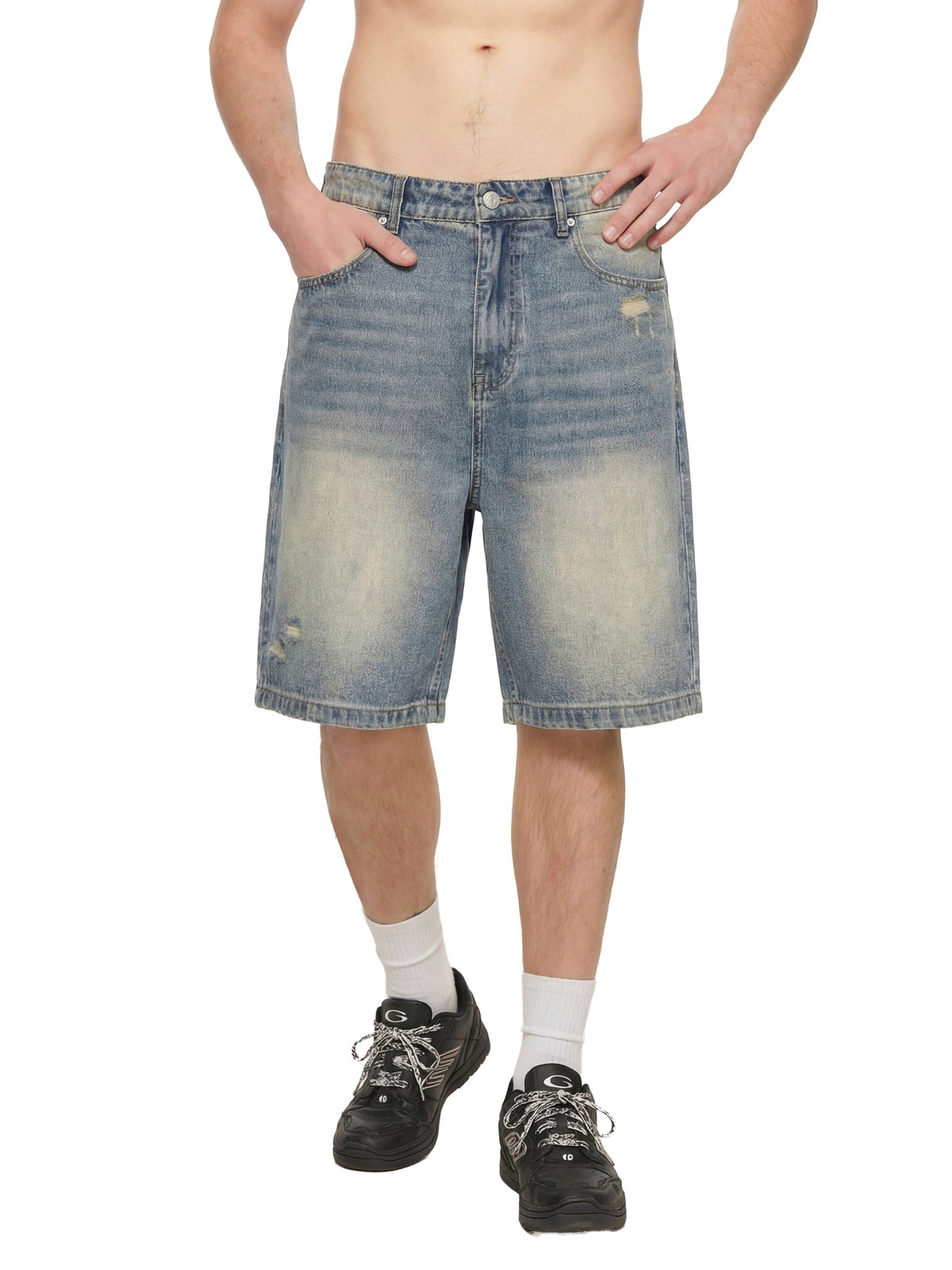 Faded Labeled Distressed Baggy Denim Shorts
