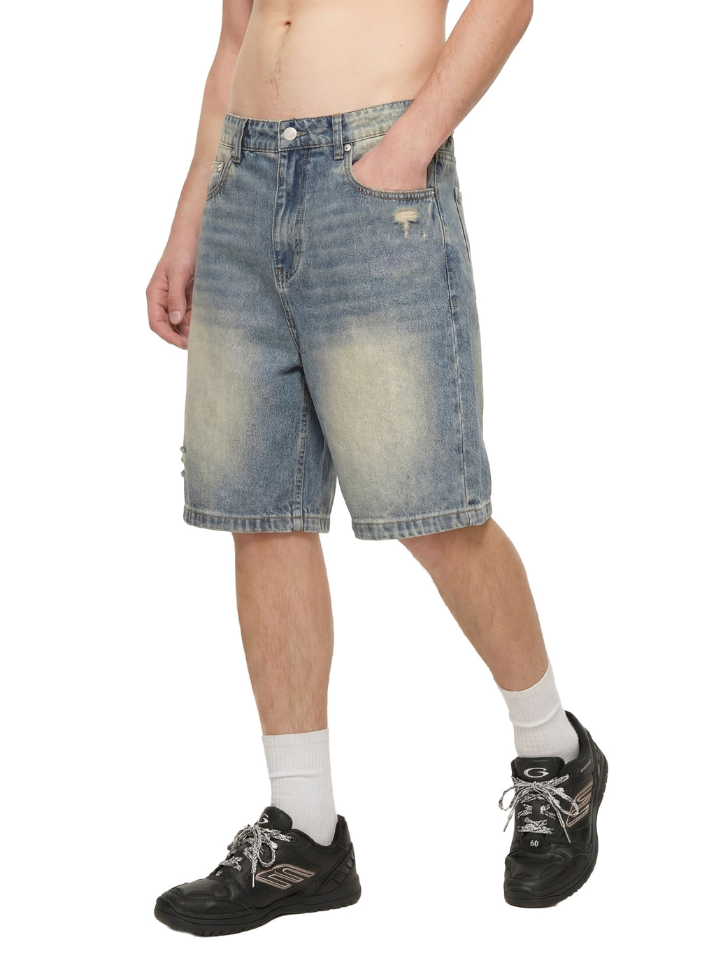 Faded Labeled Distressed Baggy Denim Shorts