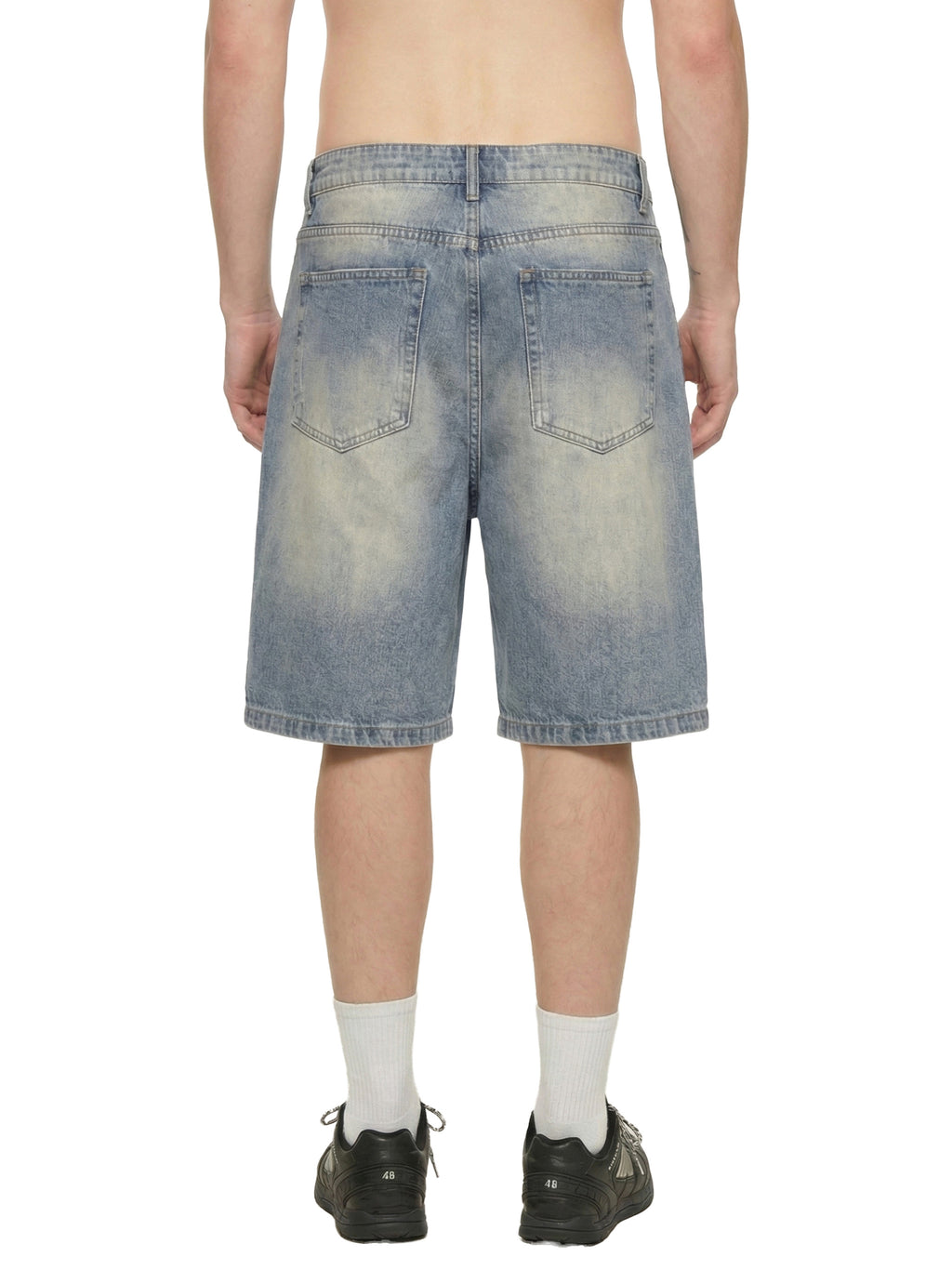 Faded Labeled Distressed Baggy Denim Shorts